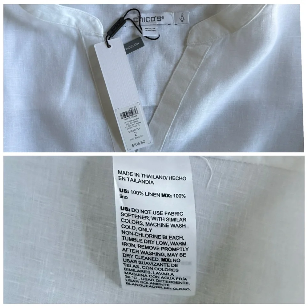 CHICO’S NWT 2 / Women’s L No Iron Linen Tunic in Optic White • Neutral Blouse - Picture 6 of 11
